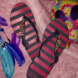GUESS Women's Red and Black Striped Flip Flops